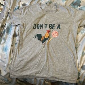 Gray Graphic T-Shirt with Rooster and Lollipop Design